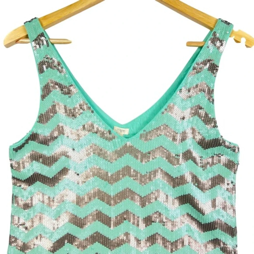 NEW J. CREW Aqua Silver‎ Chevron SEQUIN Zig Zag Cotton Tank Top Small